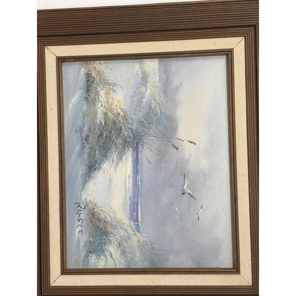 Vintage Ramirez Signed Beach Ocean Landscape Oil on Canvas Painting Mid Century